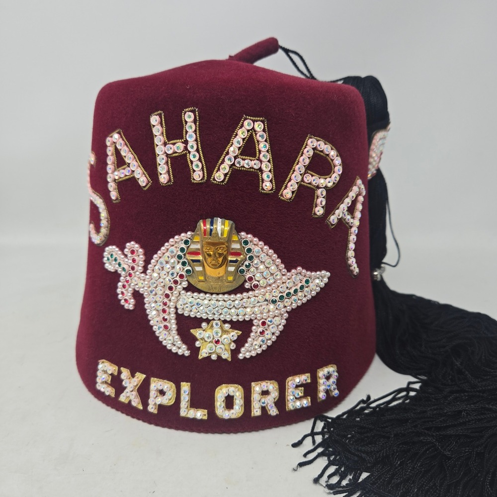 Vintage Sahara Explorer Shriners Fez Hat Rhinestone Tassel Burgundy Wool 7 1/4